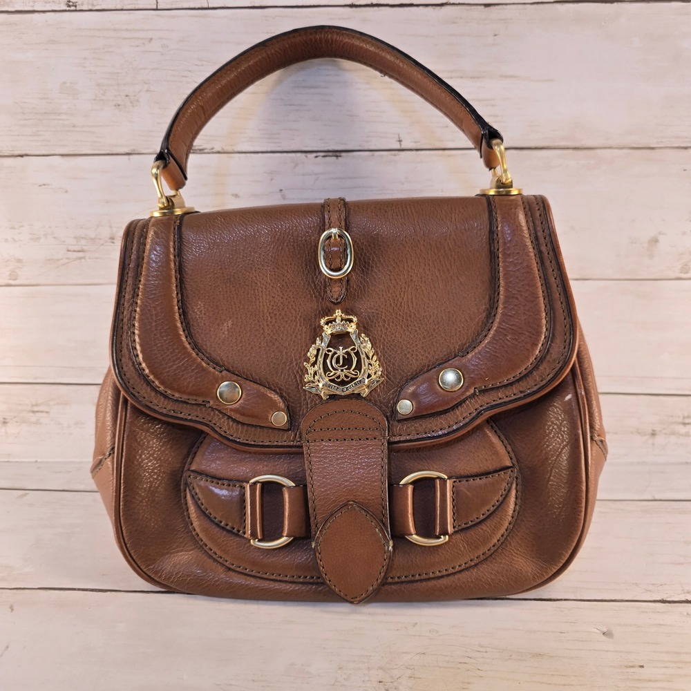Vintage Y2K Juicy Couture Brown Pebbled Leather Satchel Bag Gold Crest Logo